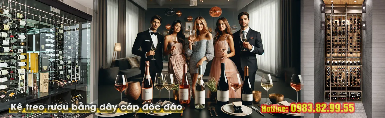 Kệ rượu trang trí bằng dây cáp